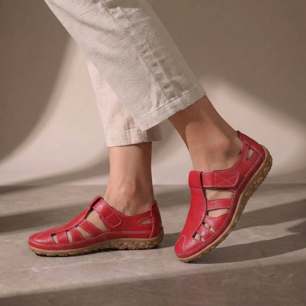 Orthopedic Fisherman Sandals Cutout Leather Closed Toe - Red