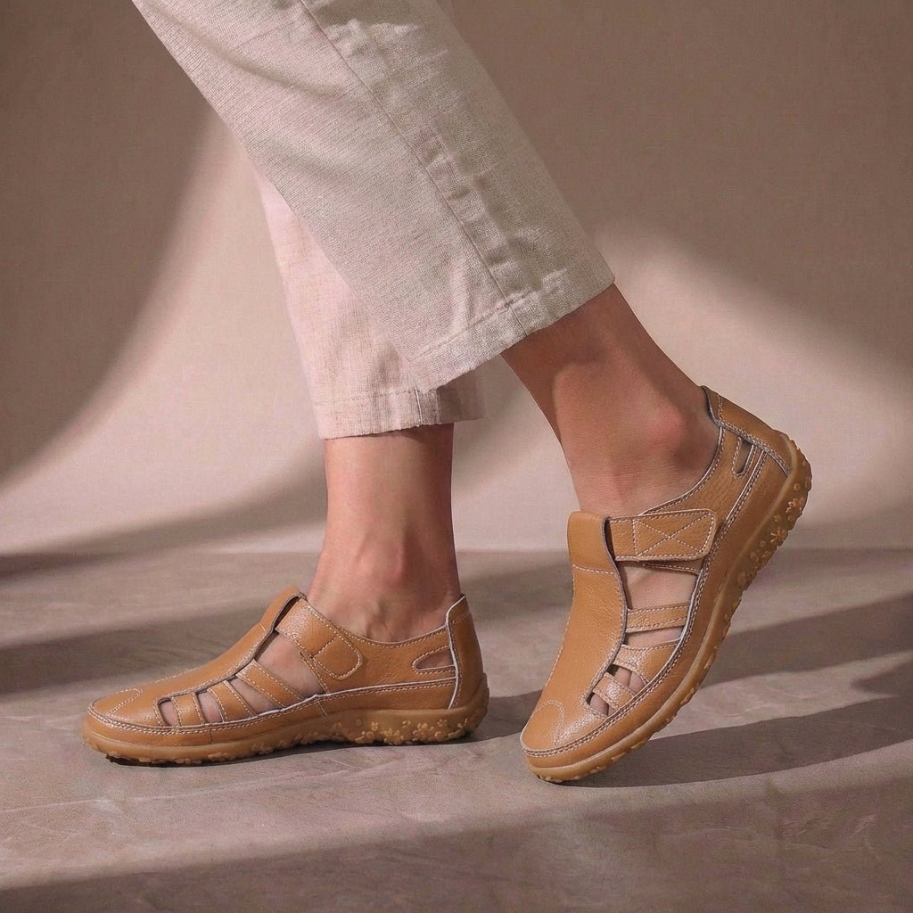 Orthopedic Fisherman Sandals Cutout Leather Closed Toe - Brown