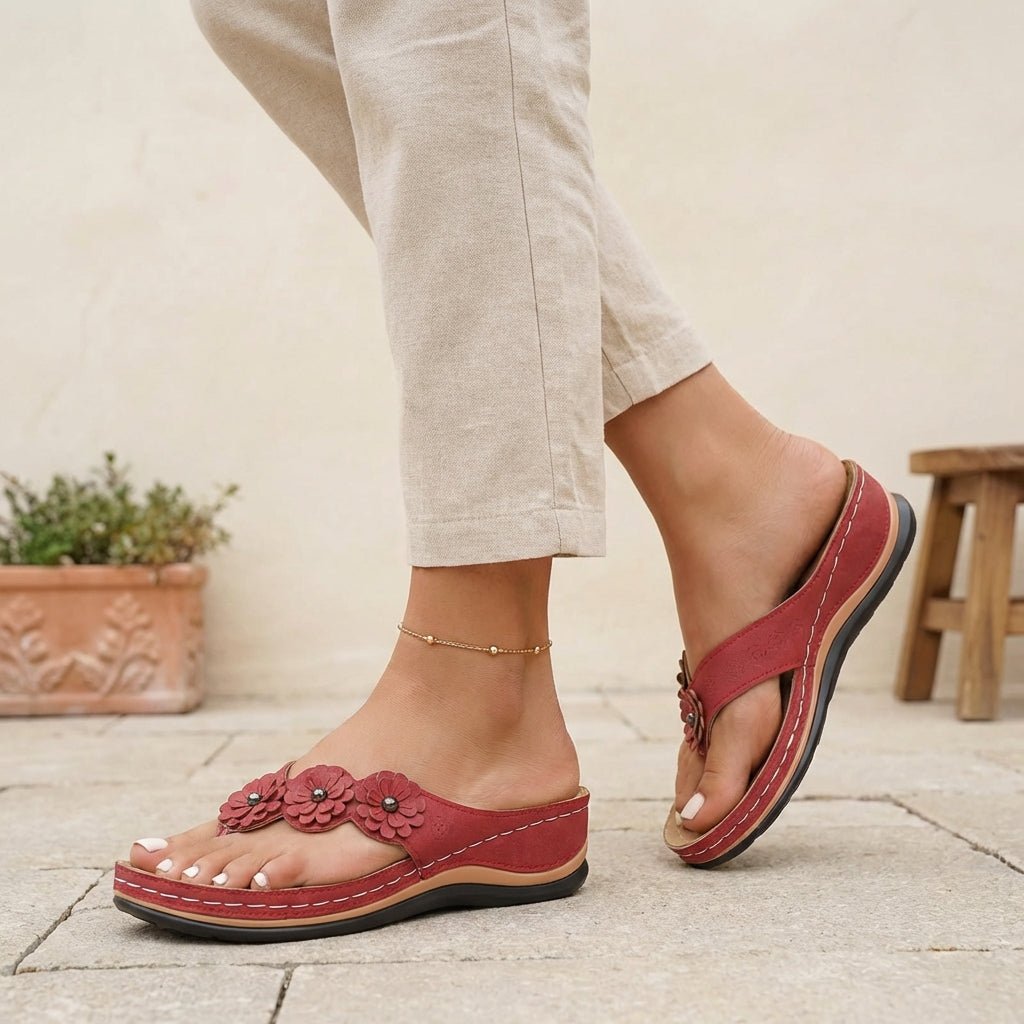 Orthopedic Floral Wedge Sandals Slip-On - Red