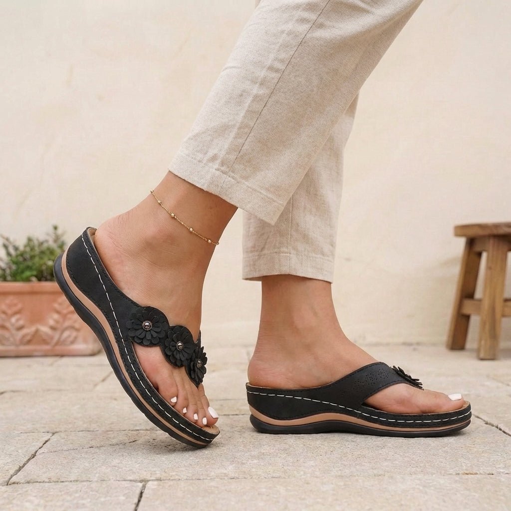 Orthopedic Floral Wedge Sandals Slip-On - Black