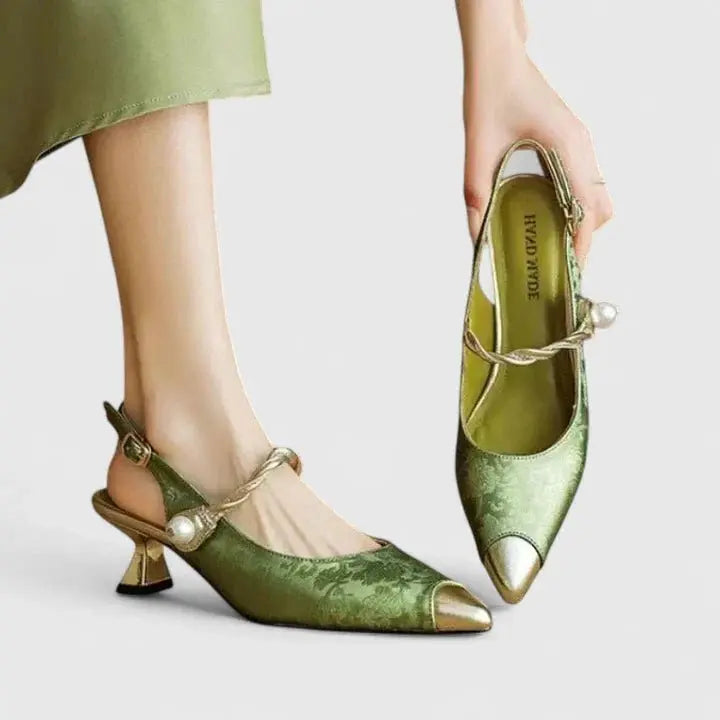 Orthopedic Kitten Heels Pearl Strap Pointed Toe Comfort - Green