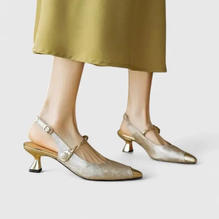 Orthopedic Kitten Heels Pearl Strap Pointed Toe Comfort - Beige