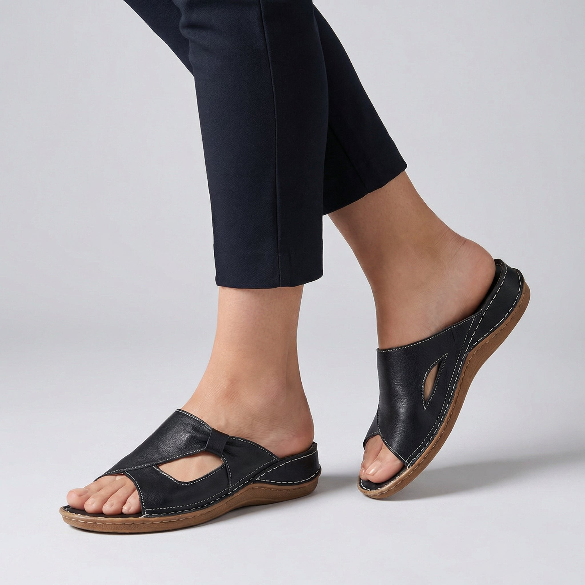 Orthopedic Leather Slide Sandals Open-Toe Cutout - Black