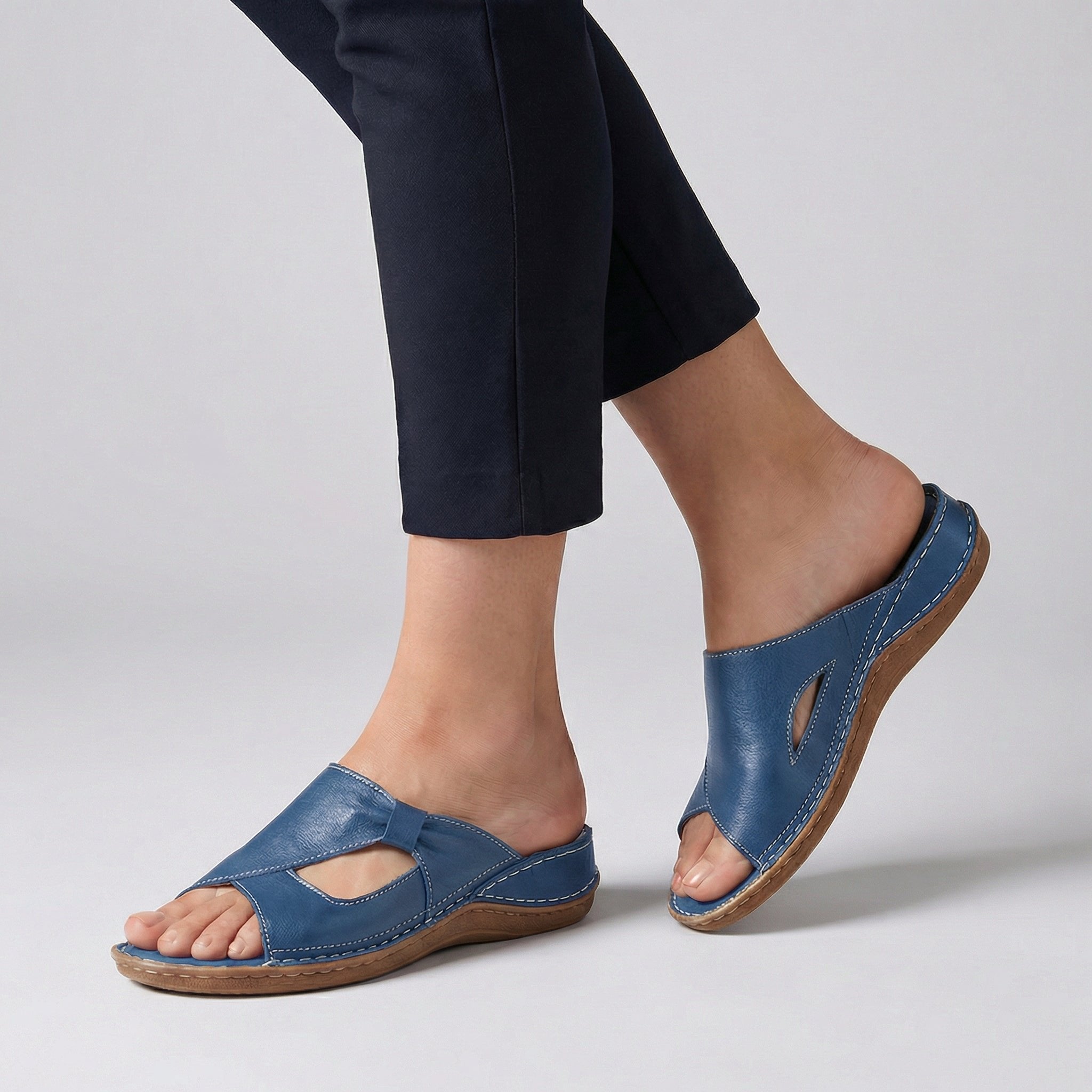 Orthopedic Leather Slide Sandals Open-Toe Cutout - Blue