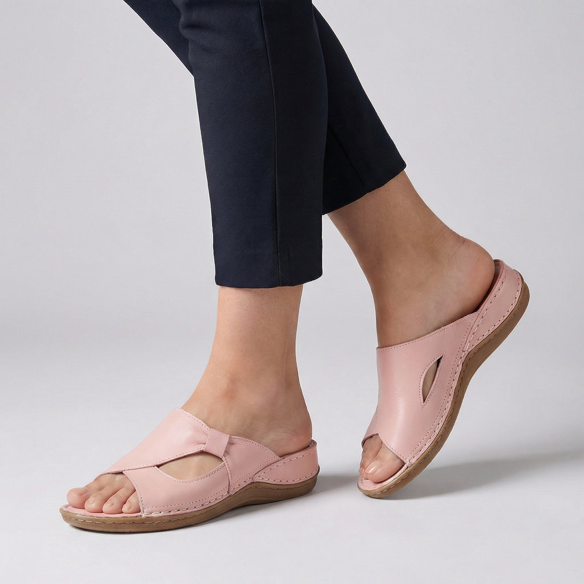 Orthopedic Leather Slide Sandals Open-Toe Cutout - Pink