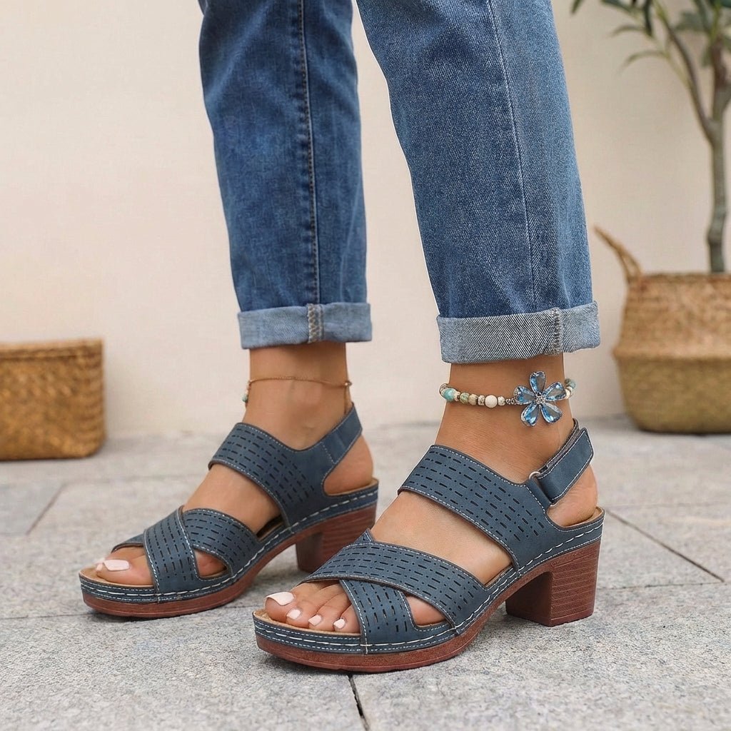Orthopedic Platform Block Heel Sandals Cut Out Design - Blue