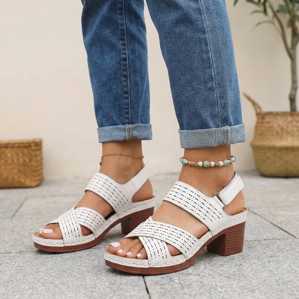 Orthopedic Platform Block Heel Sandals Cut Out Design - White
