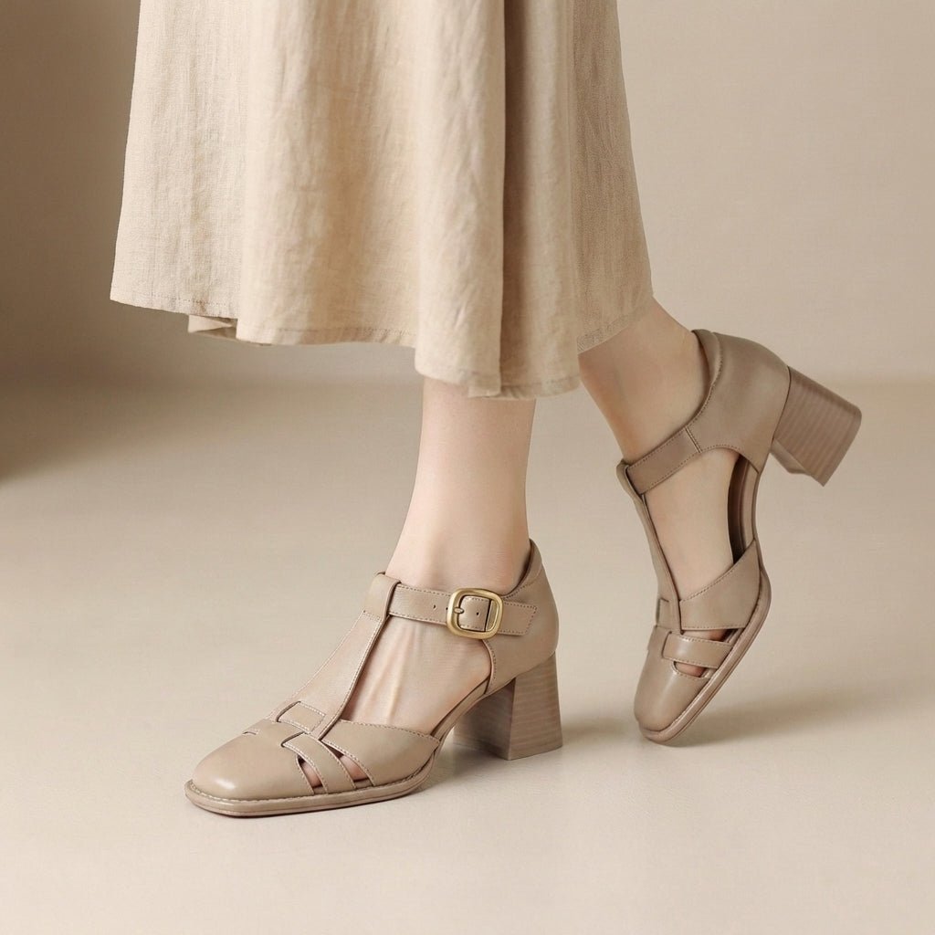 Orthopedic T-Bar Sandals Chunky Heel Square Toe - Apricot