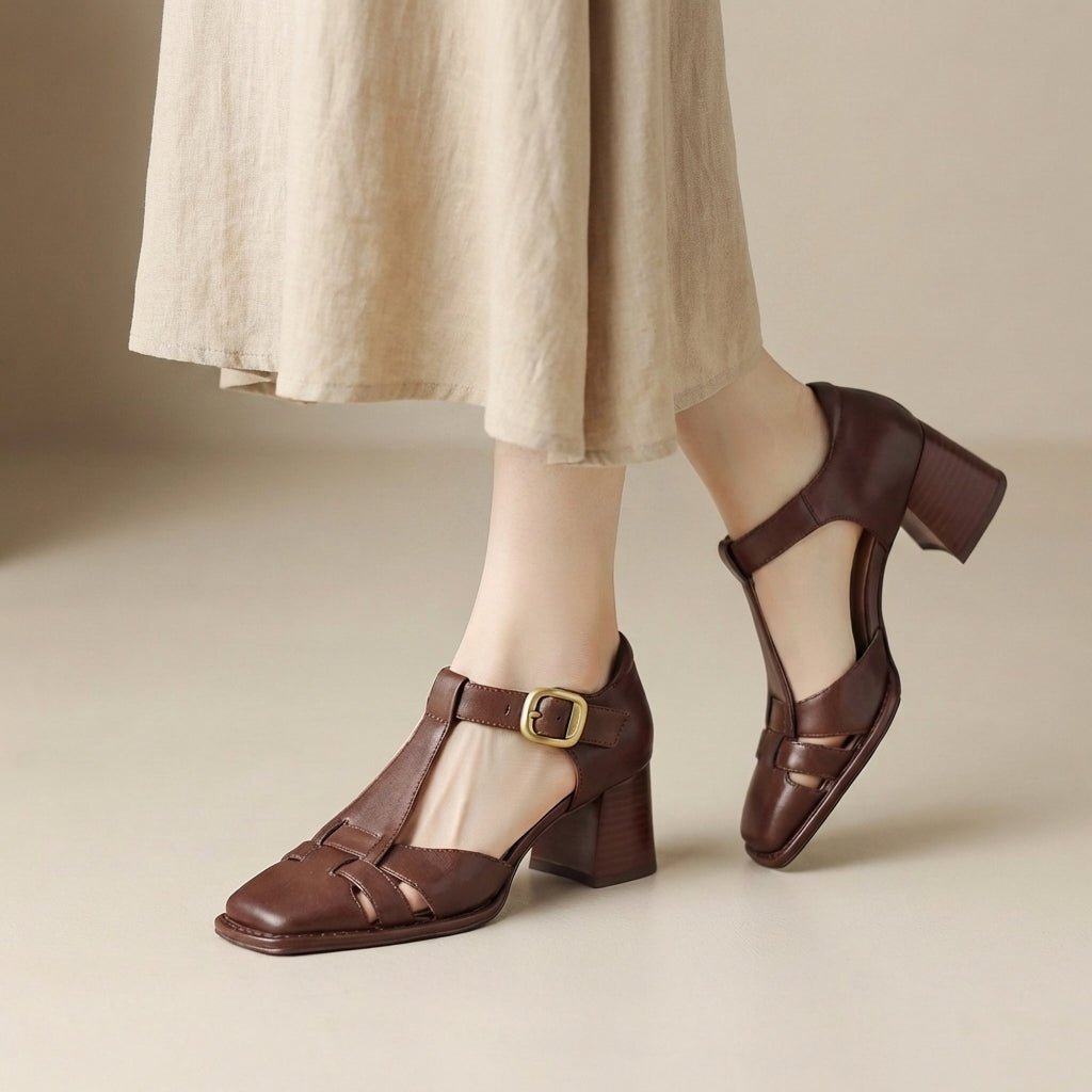 Orthopedic T-Bar Sandals Chunky Heel Square Toe - Brown