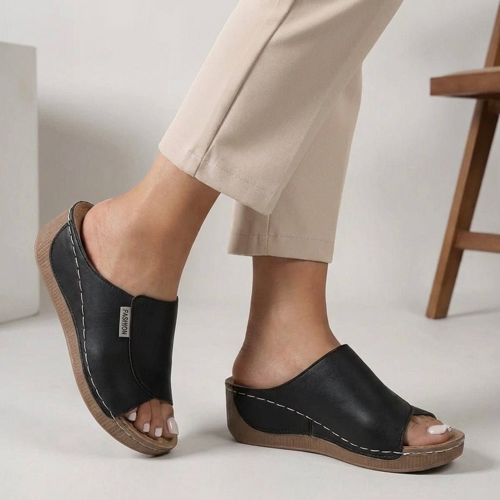 Orthopedic Wedge Heel Slippers Open Toe Slip-On - Black