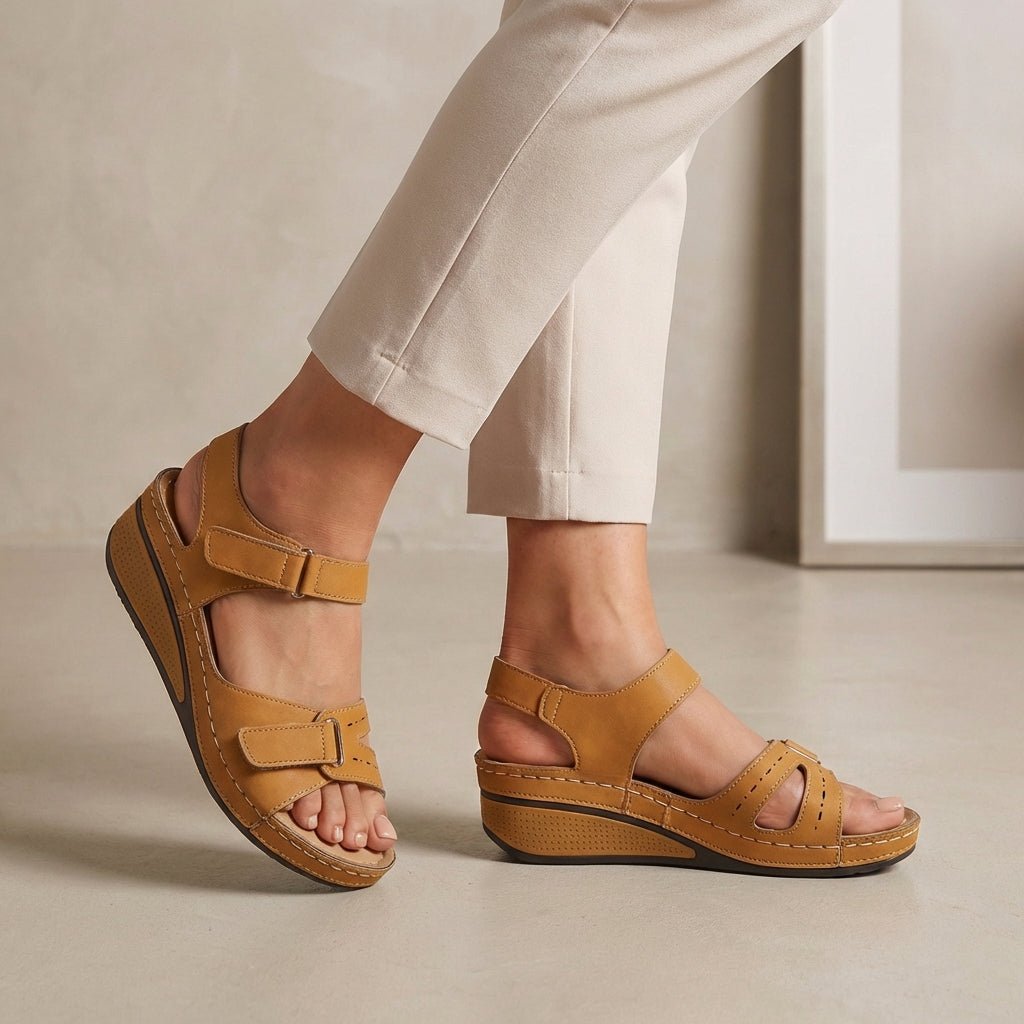 Orthopedic Wedge Sandals Adjustable Straps Open Toe - Brown
