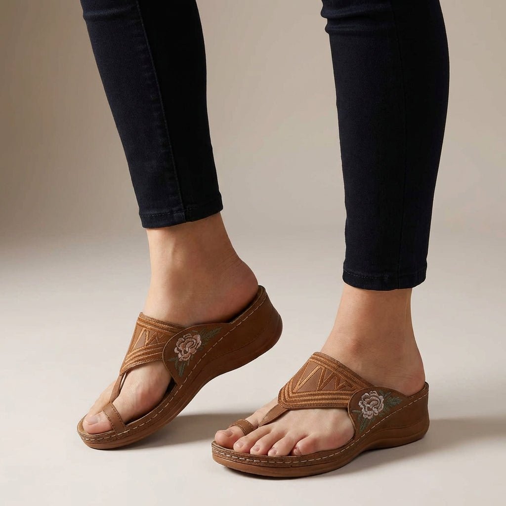 Orthopedic Wedge Sandals Floral Embroidered Thong - Auburn