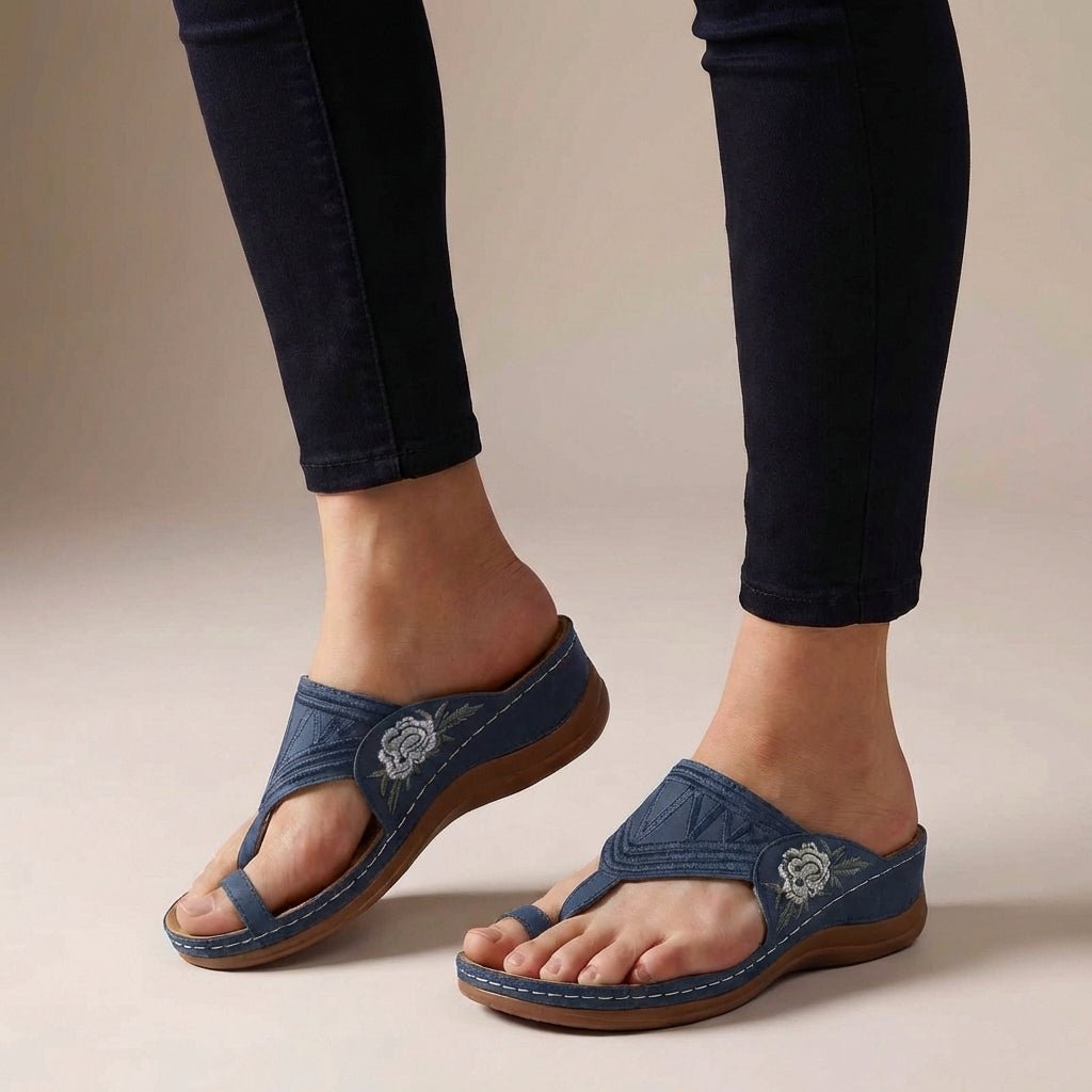 Orthopedic Wedge Sandals Floral Embroidered Thong - Blue