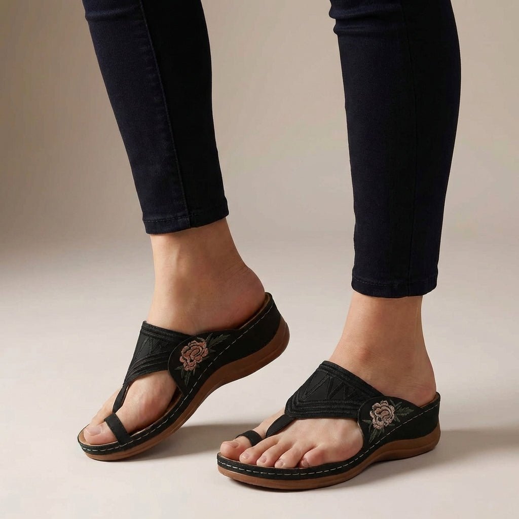 Orthopedic Wedge Sandals Floral Embroidered Thong - Black