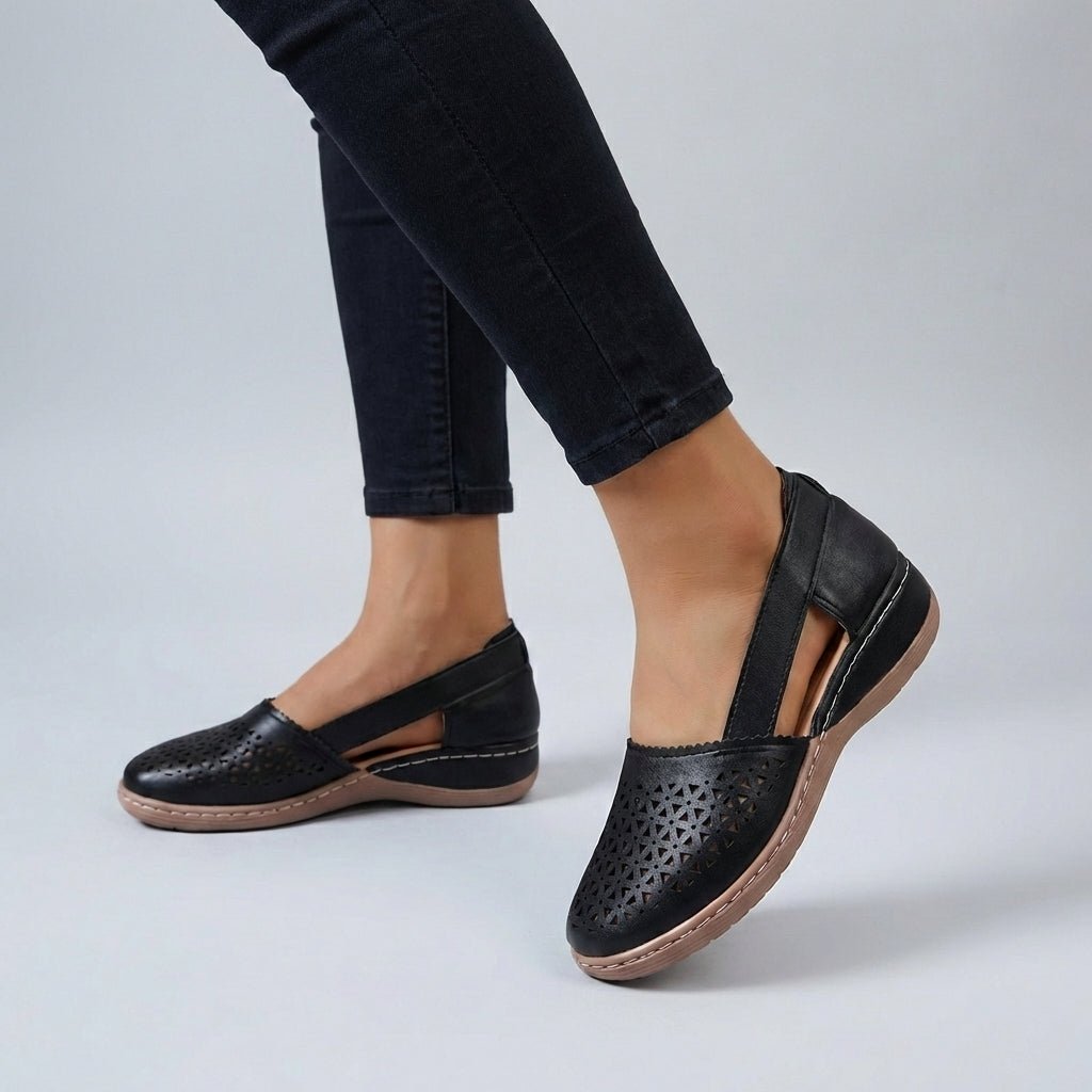 Orthopedic Wedge Sandals Scalloped Perforated - Black