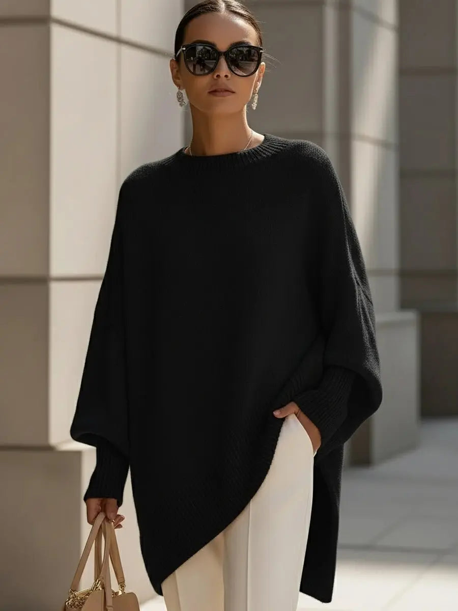 Oversized Wool Blend Jumper Asymmetrical Hem Drop Shoulder - Black