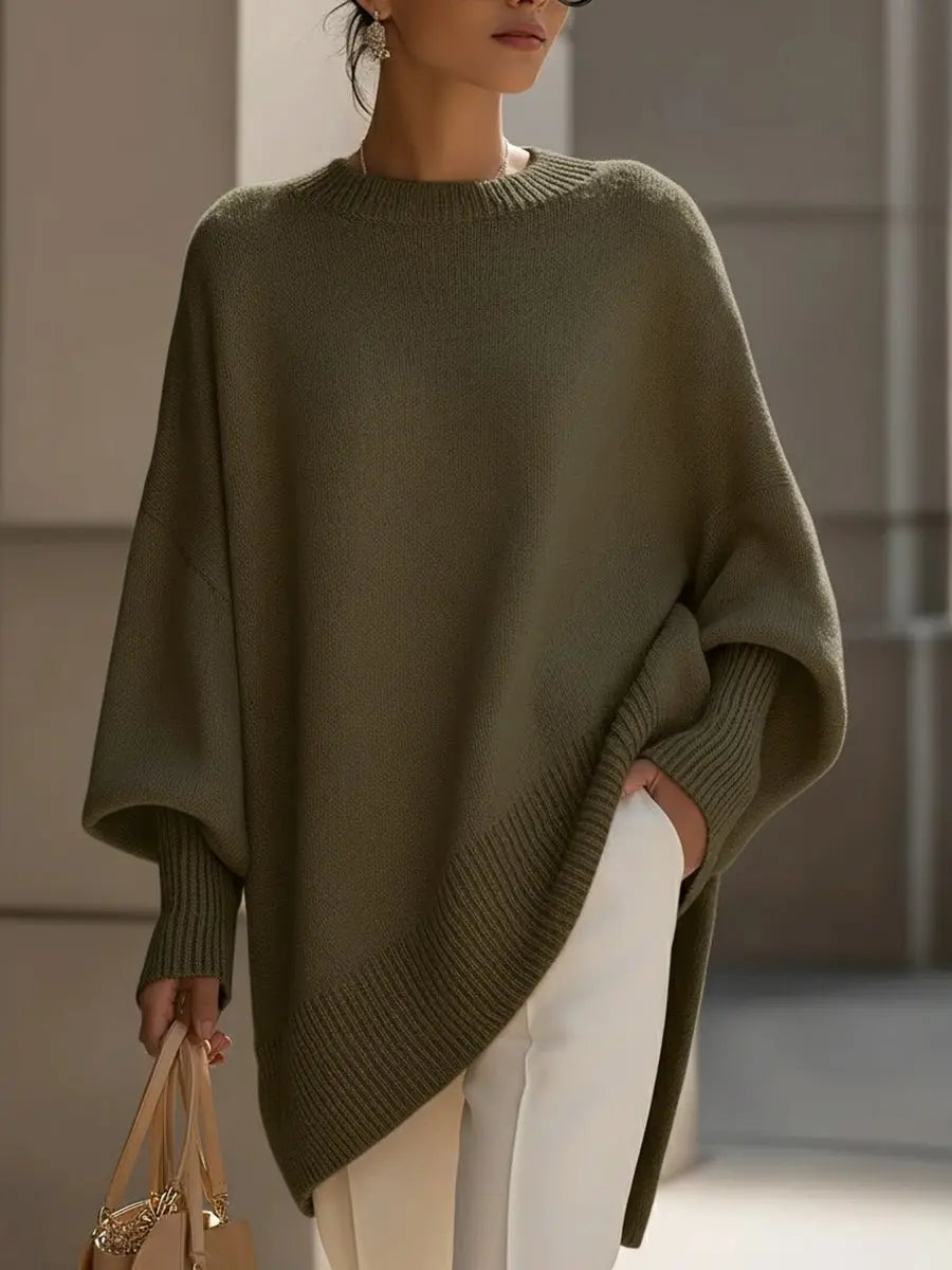 Oversized Wool Blend Jumper Asymmetrical Hem Drop Shoulder - Olive Green