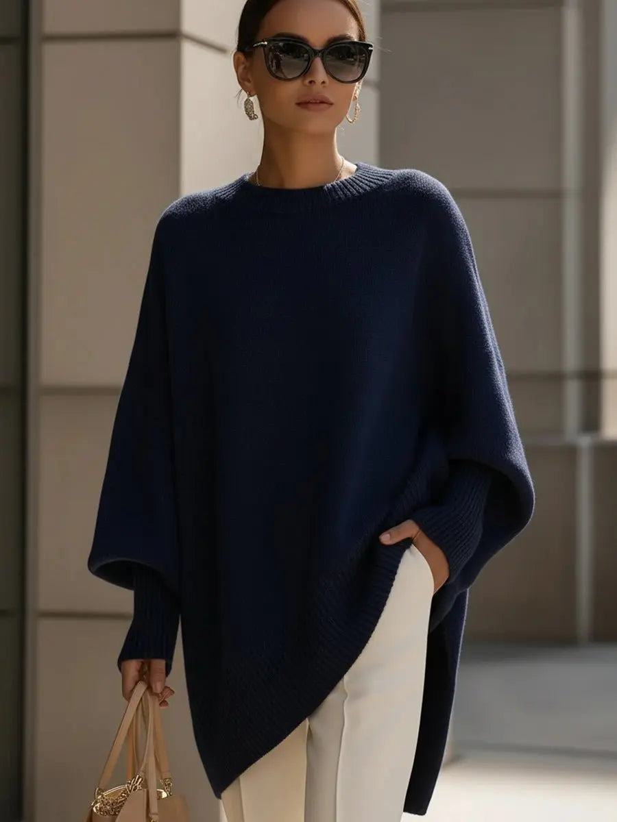 Oversized Wool Blend Jumper Asymmetrical Hem Drop Shoulder - Navy Blue