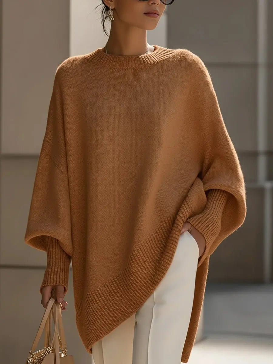 Oversized Wool Blend Jumper Asymmetrical Hem Drop Shoulder - Brown