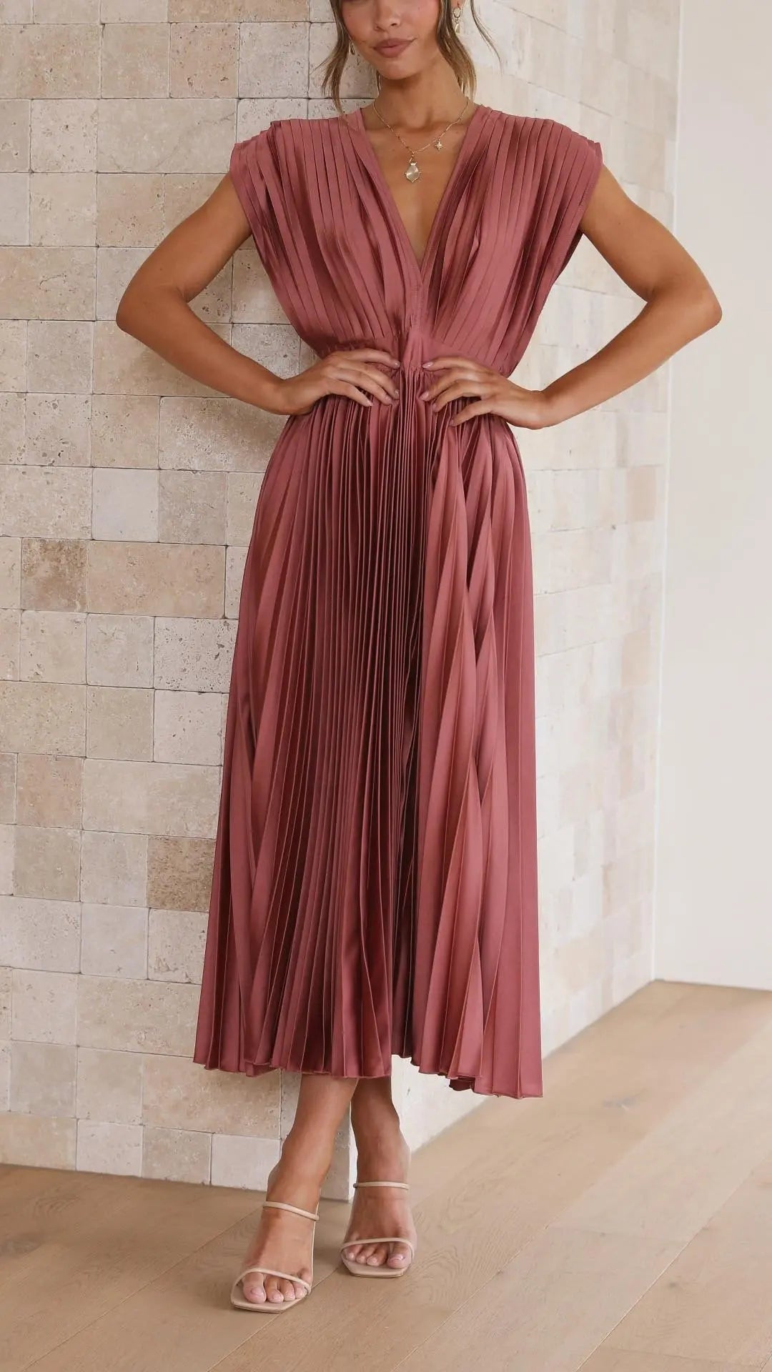 Pleated Maxi Dress Deep V-Neck Tie Waist Sleeveless