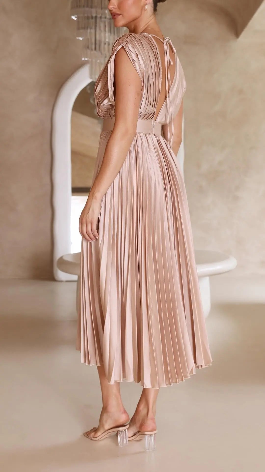 Pleated Maxi Dress Deep V-Neck Tie Waist Sleeveless