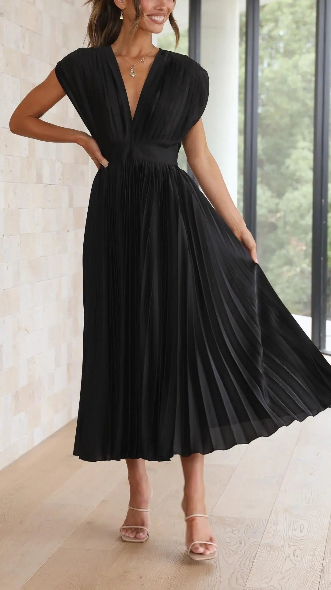 Pleated Maxi Dress Deep V-Neck Tie Waist Sleeveless