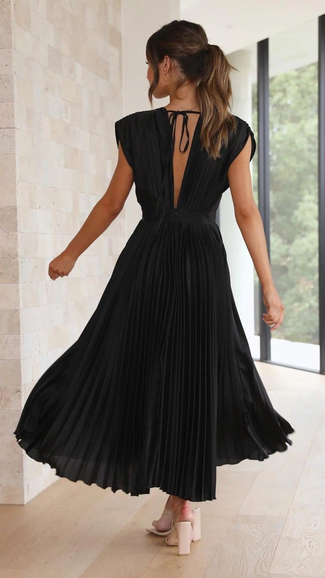 Pleated Maxi Dress Deep V-Neck Tie Waist Sleeveless