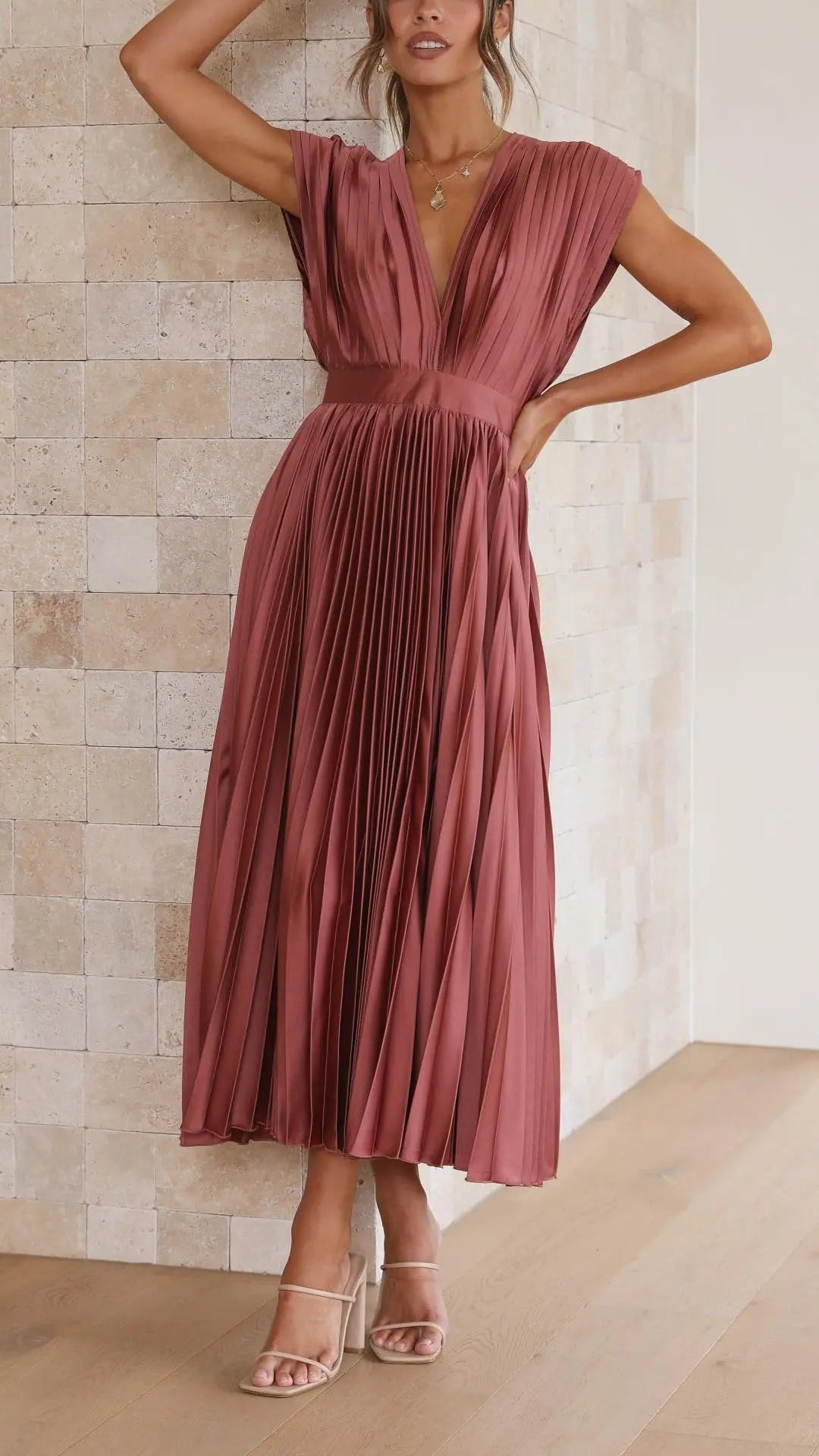 Pleated Maxi Dress Deep V-Neck Tie Waist Sleeveless