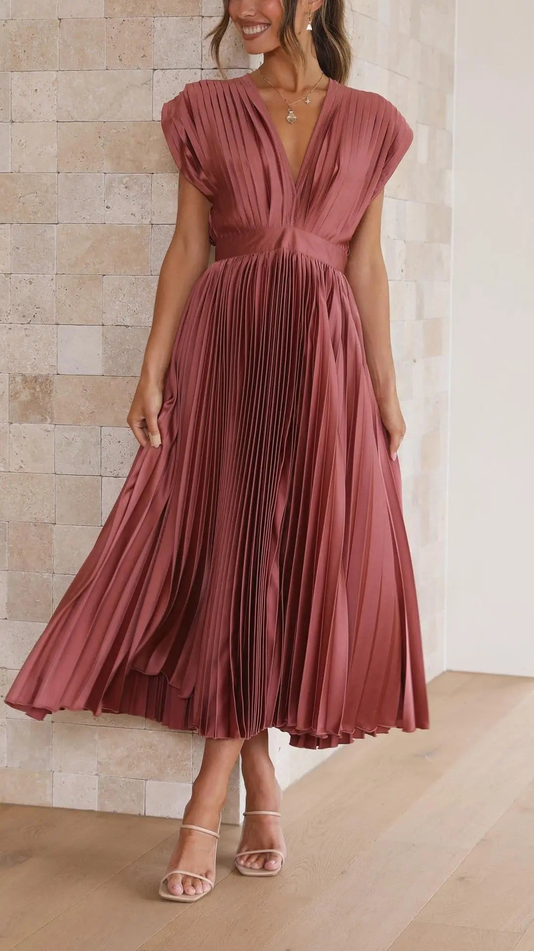 Pleated Maxi Dress Deep V-Neck Tie Waist Sleeveless - Antique pink