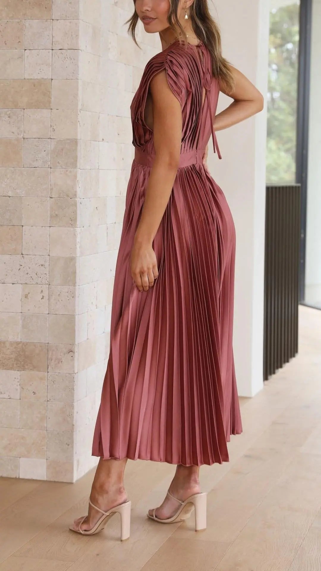 Pleated Maxi Dress Deep V-Neck Tie Waist Sleeveless