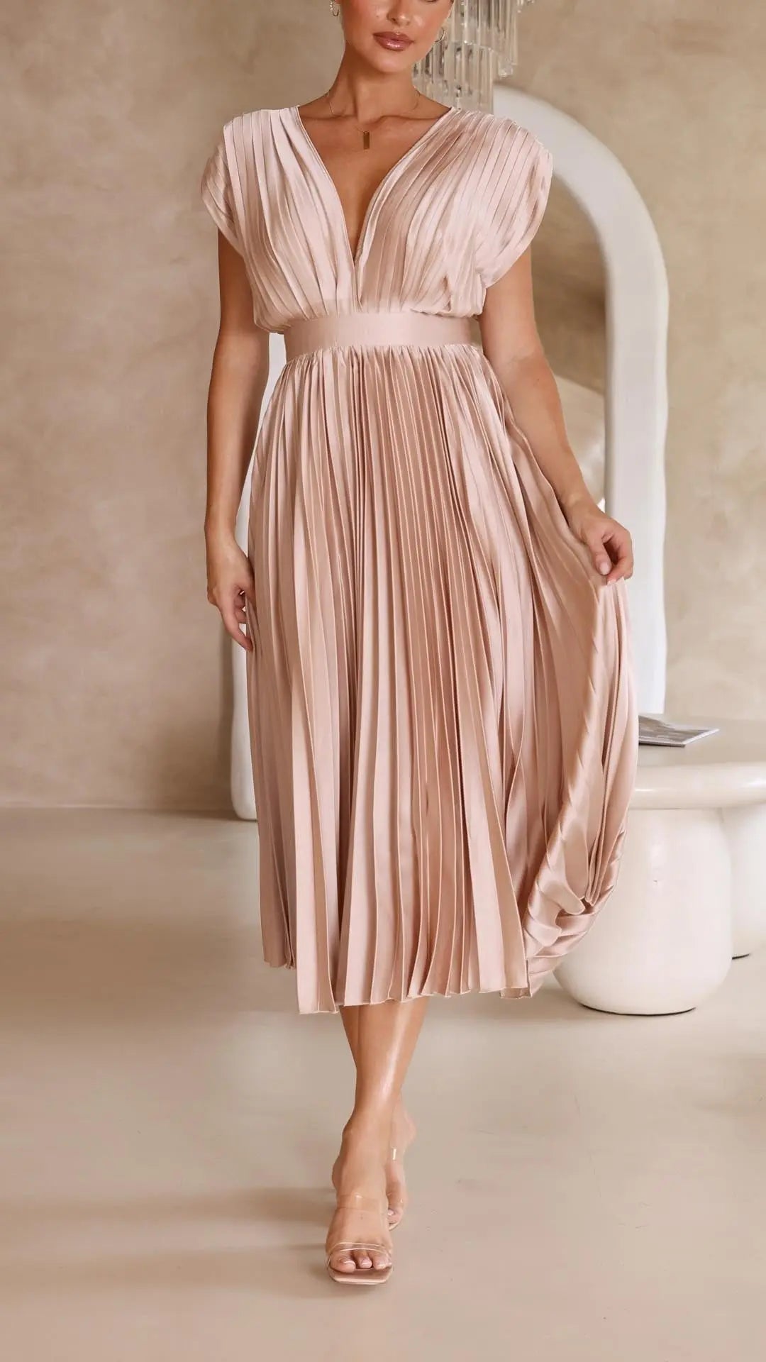 Pleated Maxi Dress Deep V-Neck Tie Waist Sleeveless