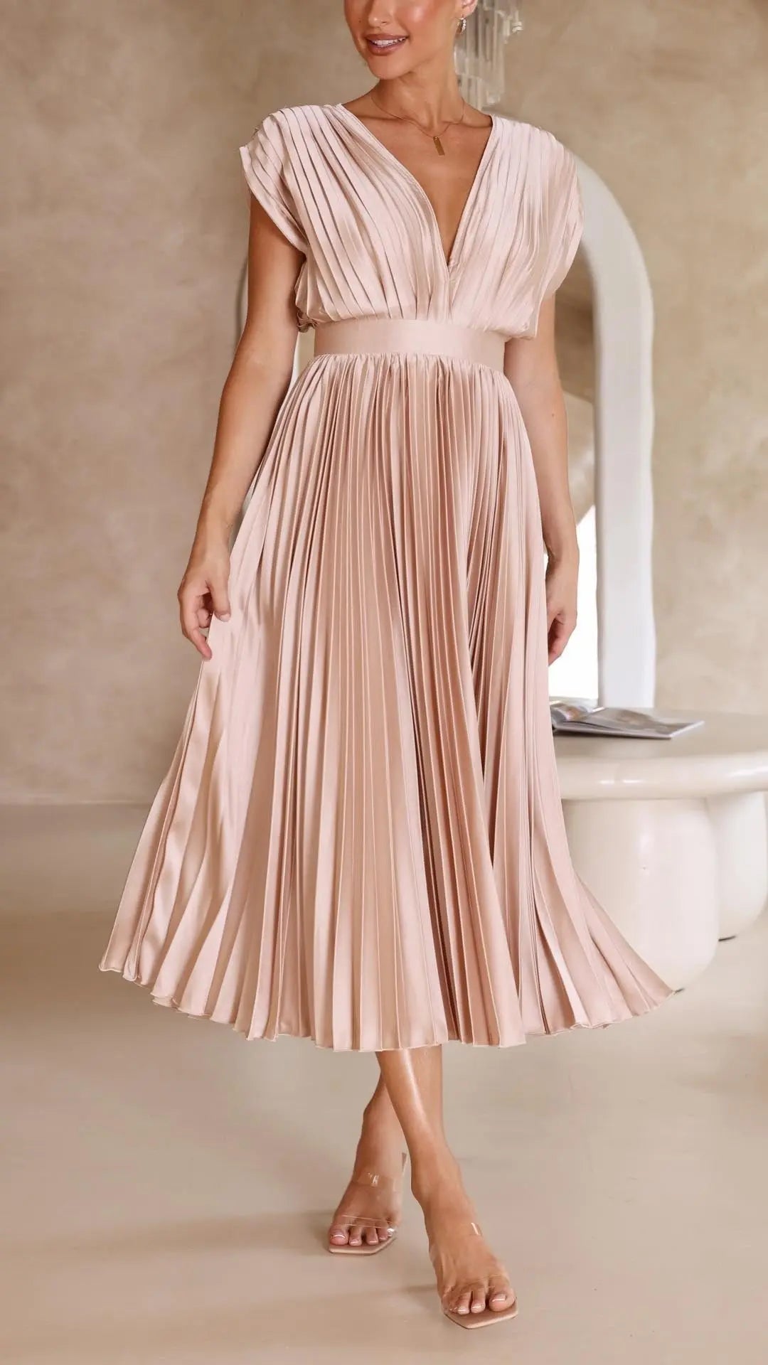 Pleated Maxi Dress Deep V-Neck Tie Waist Sleeveless - Champagne