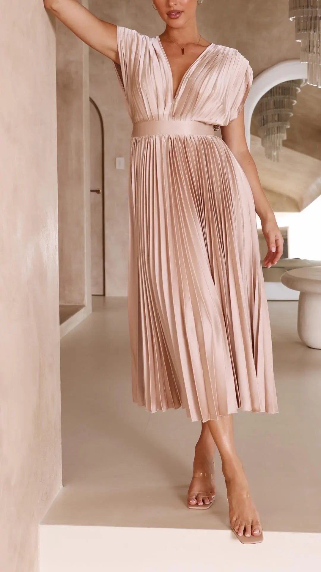 Pleated Maxi Dress Deep V-Neck Tie Waist Sleeveless