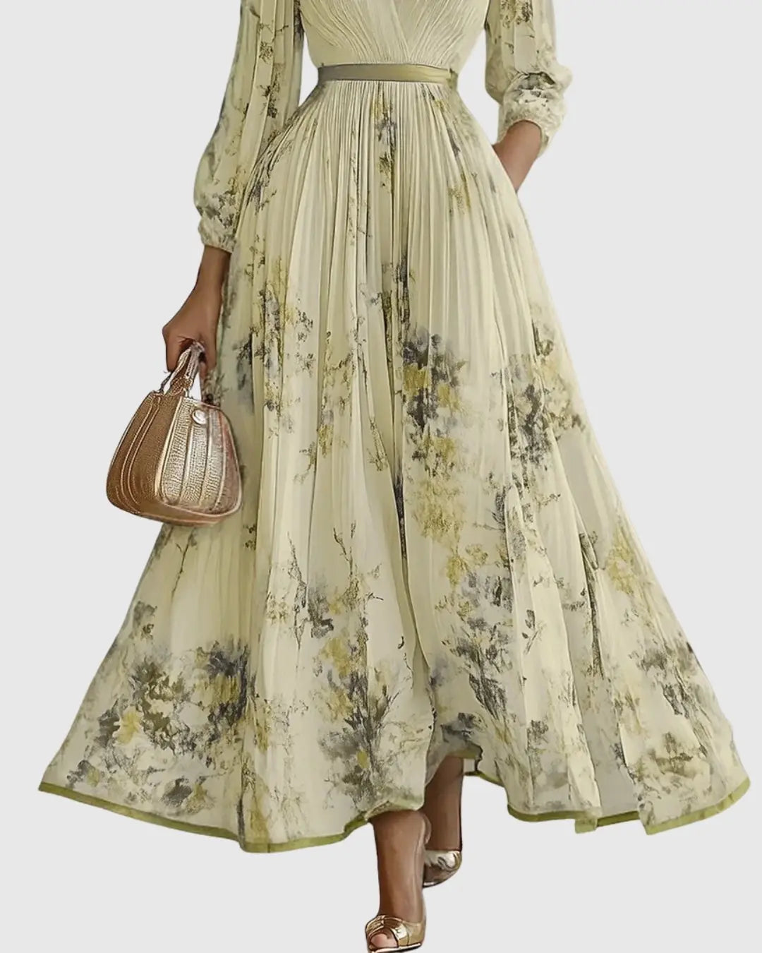 Pleated Maxi Dress V-Neck Floral Wrap Style Sleeveless