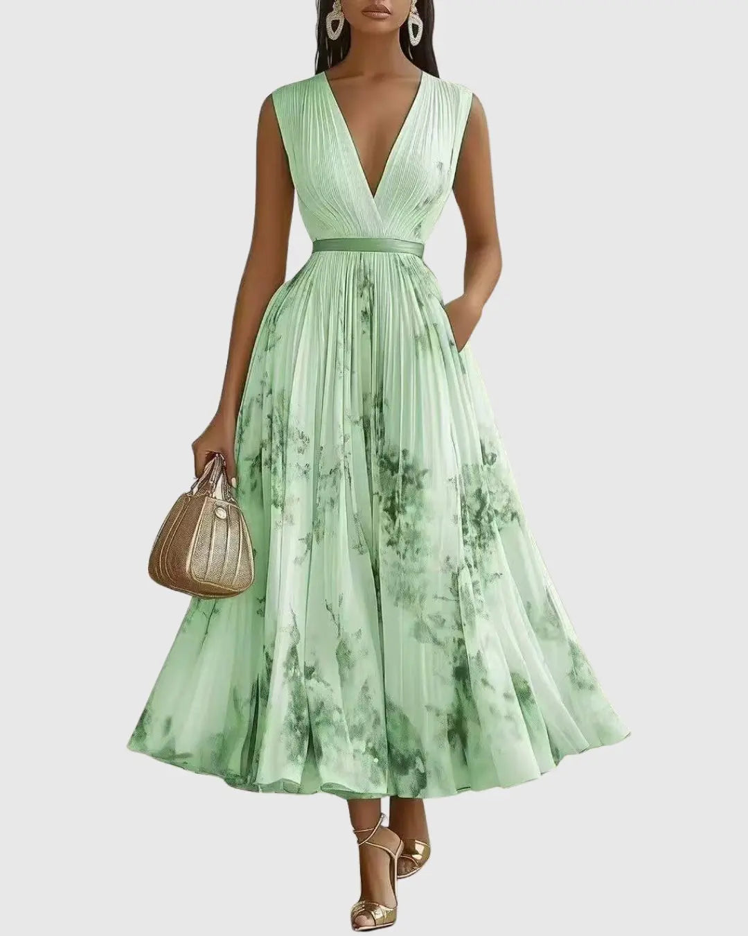 Pleated Maxi Dress V-Neck Floral Wrap Style Sleeveless - Green