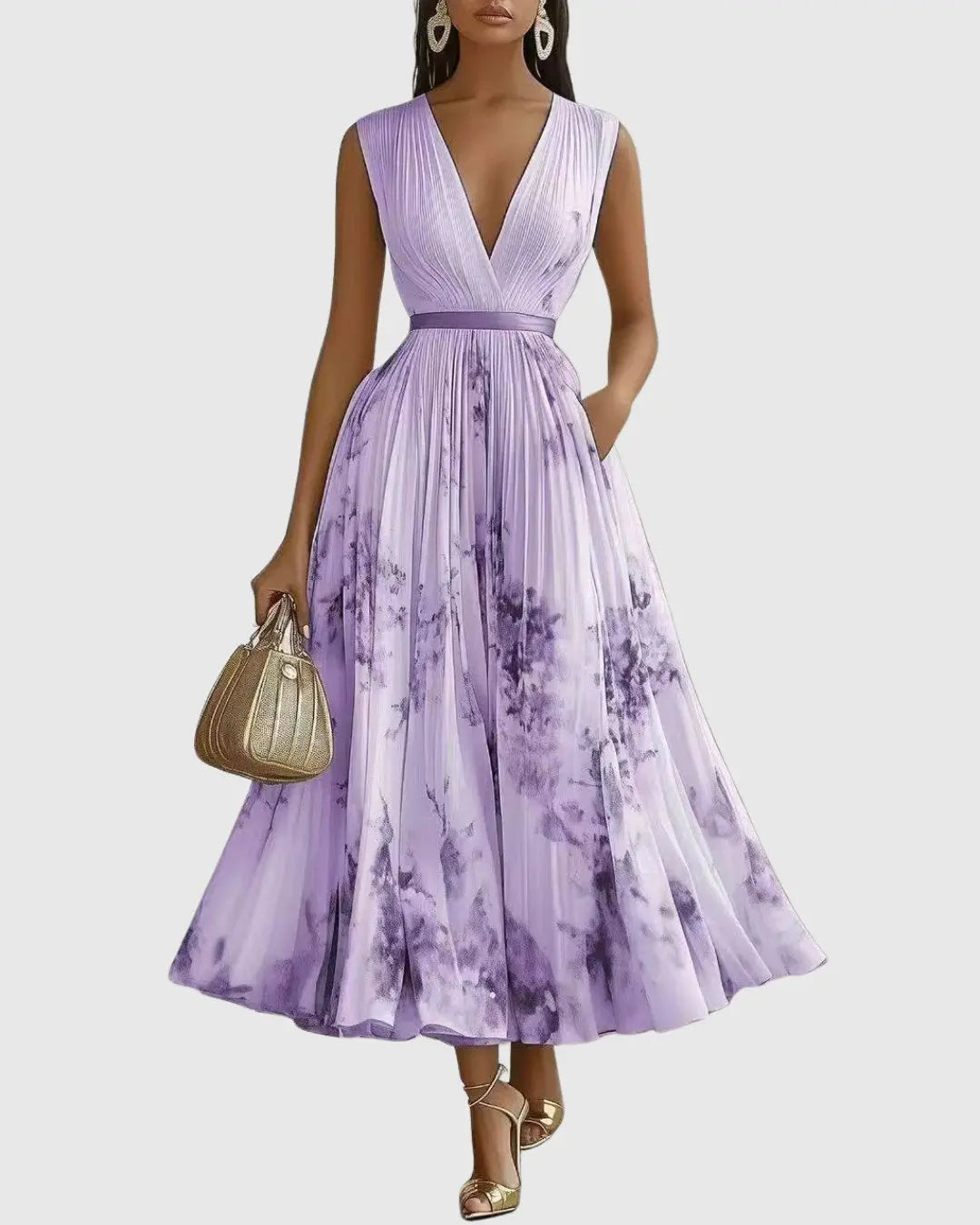 Pleated Maxi Dress V-Neck Floral Wrap Style Sleeveless - Purple