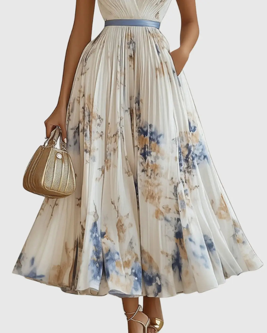 Pleated Maxi Dress V-Neck Floral Wrap Style Sleeveless