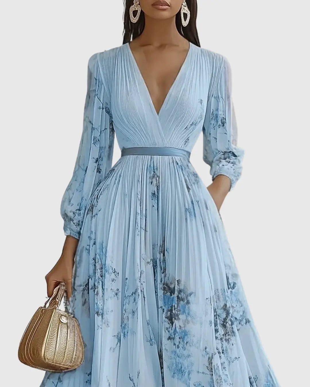 Pleated Maxi Dress V-Neck Floral Wrap Style Sleeveless - Blue