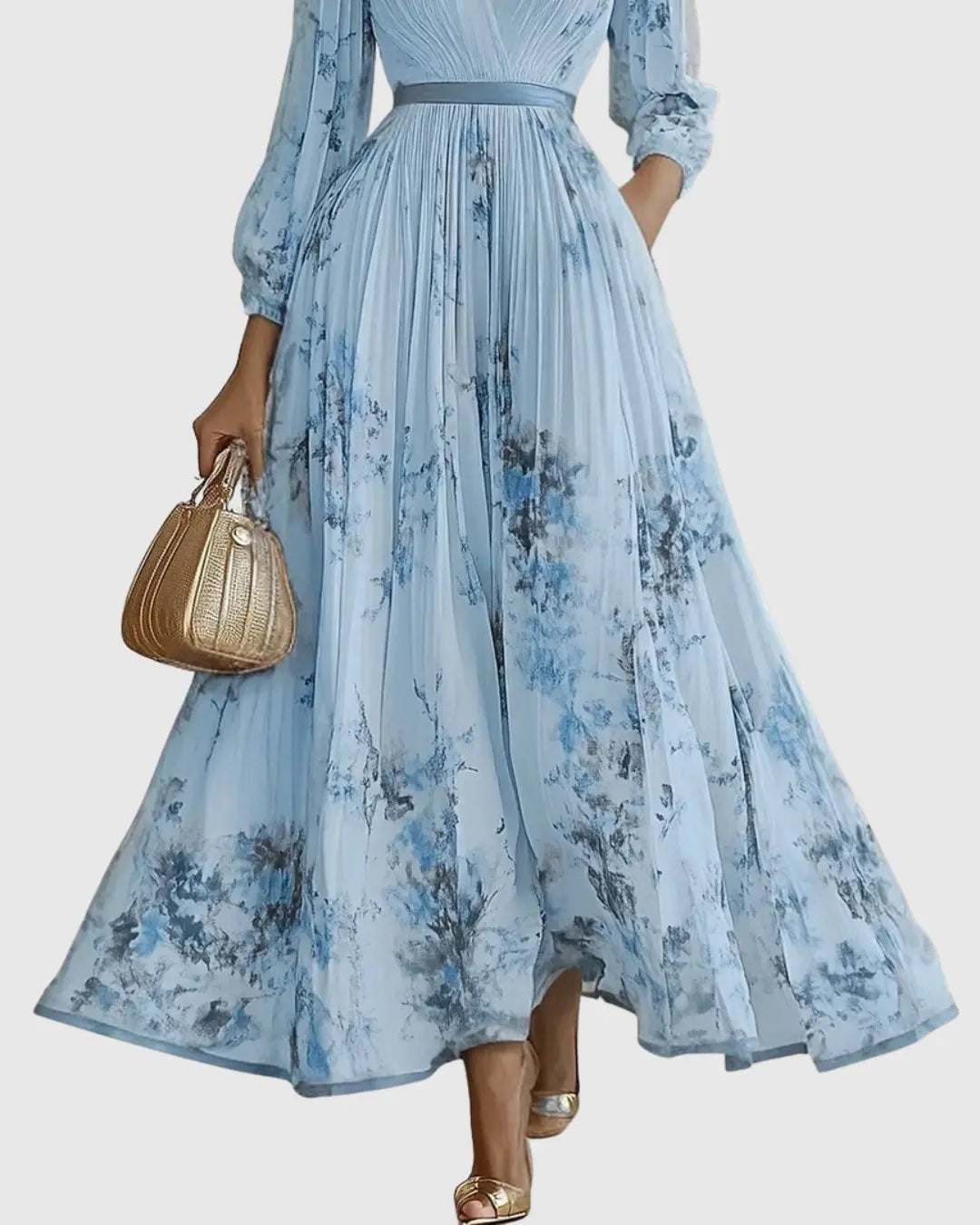 Pleated Maxi Dress V-Neck Floral Wrap Style Sleeveless