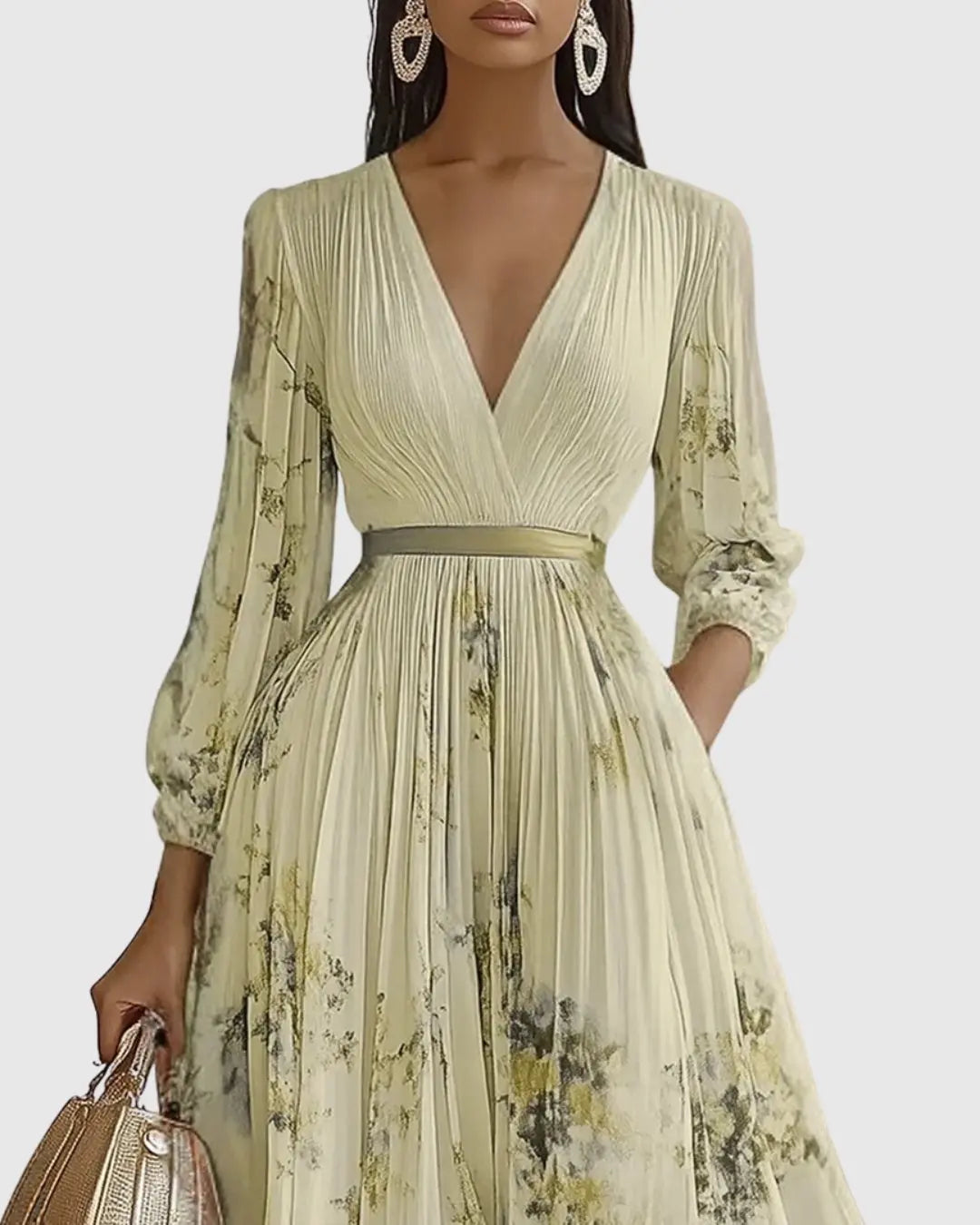 Pleated Maxi Dress V-Neck Floral Wrap Style Sleeveless