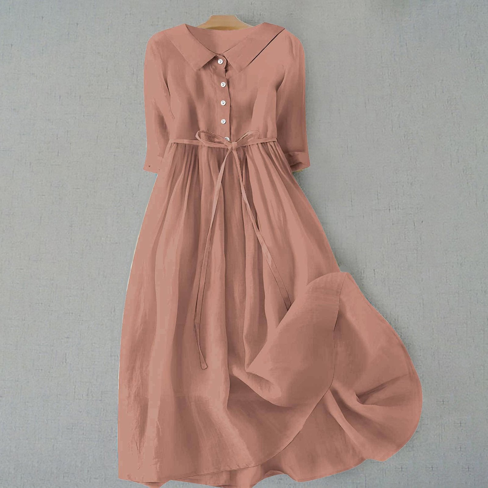 Plus Size Belted Shirt Dress Long Sleeves Casual - Light Brown