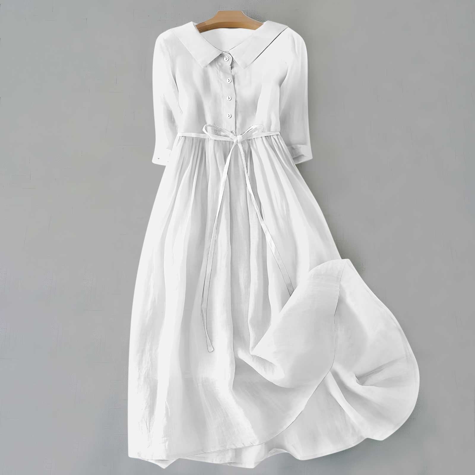 Plus Size Belted Shirt Dress Long Sleeves Casual - White
