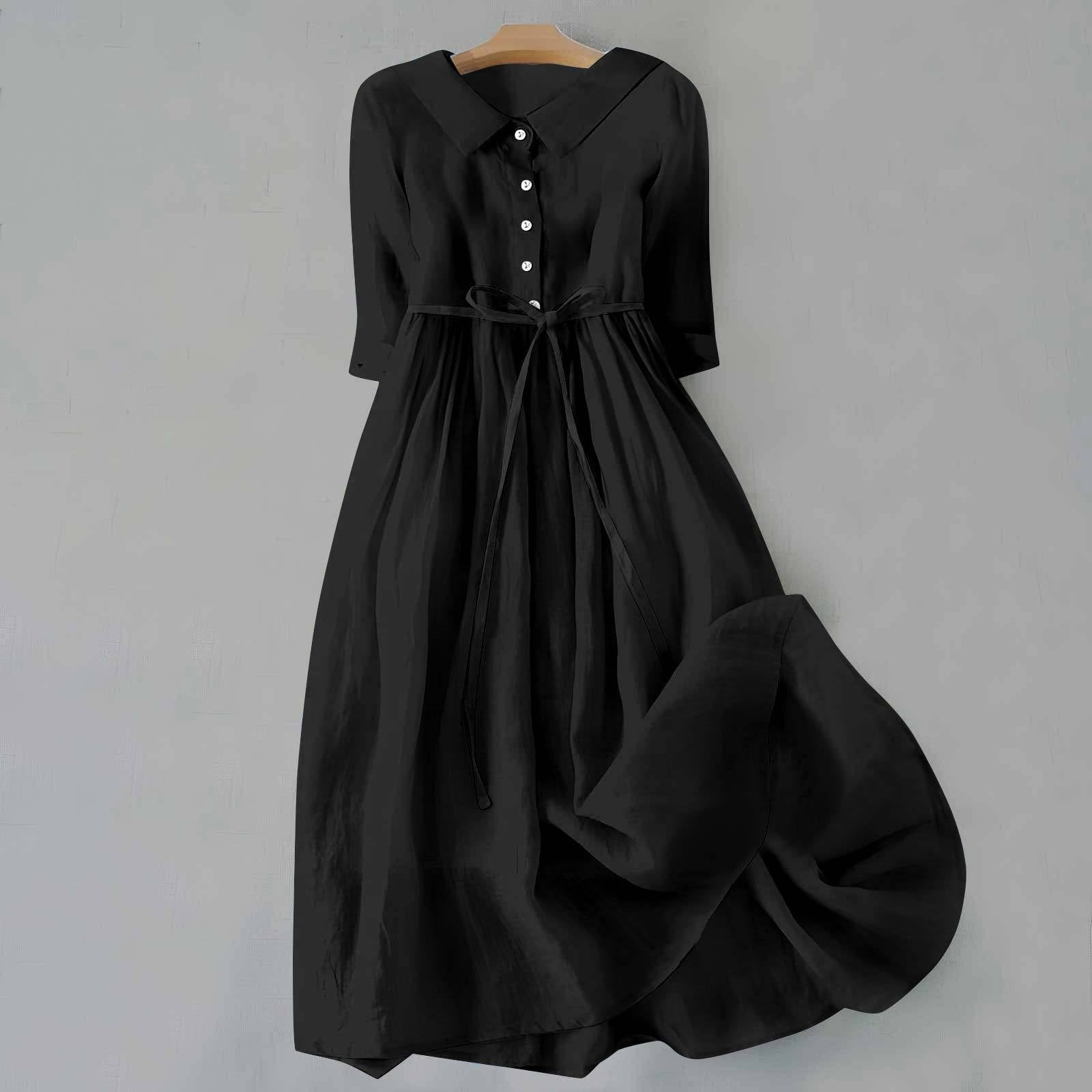 Plus Size Belted Shirt Dress Long Sleeves Casual - Black