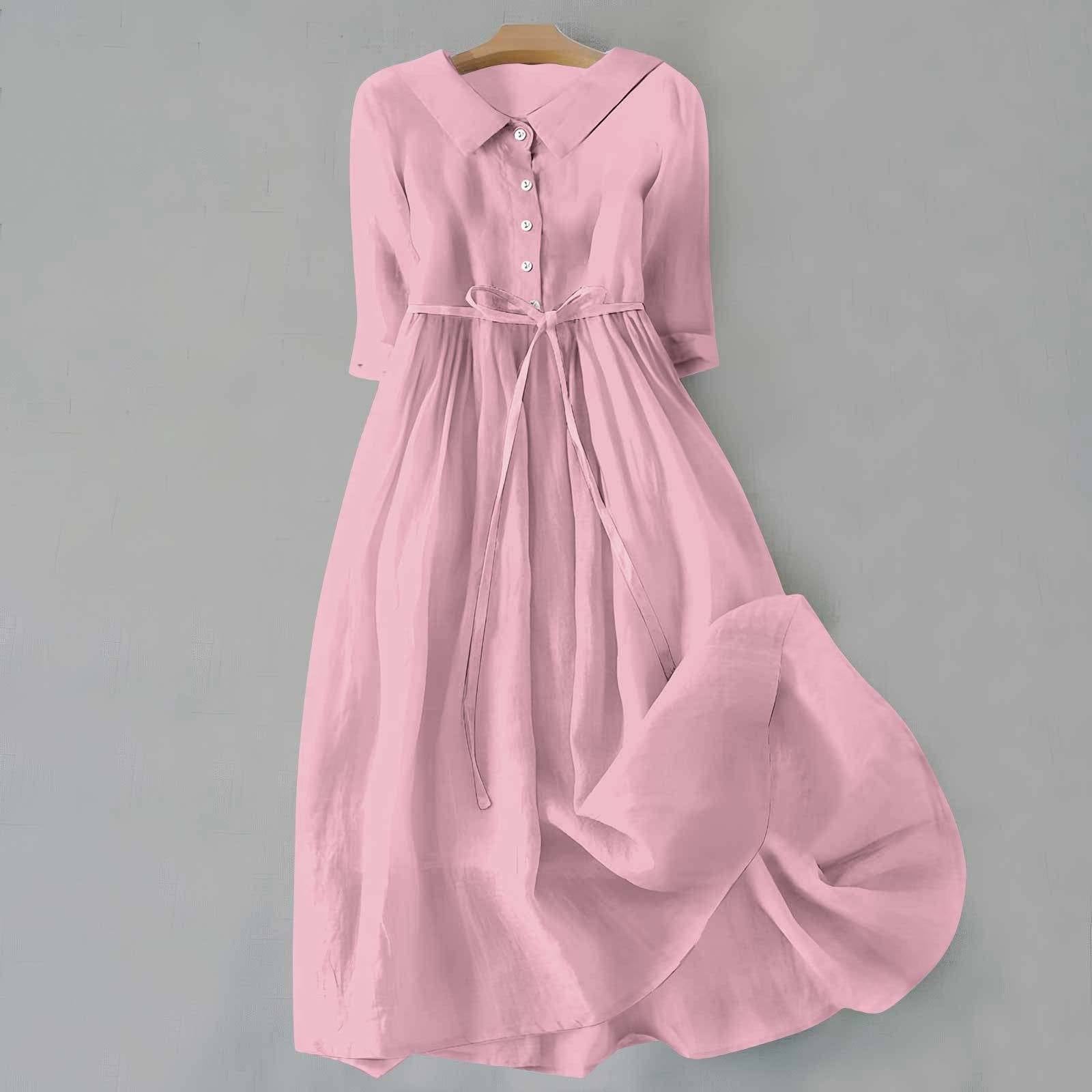 Plus Size Belted Shirt Dress Long Sleeves Casual - Pink