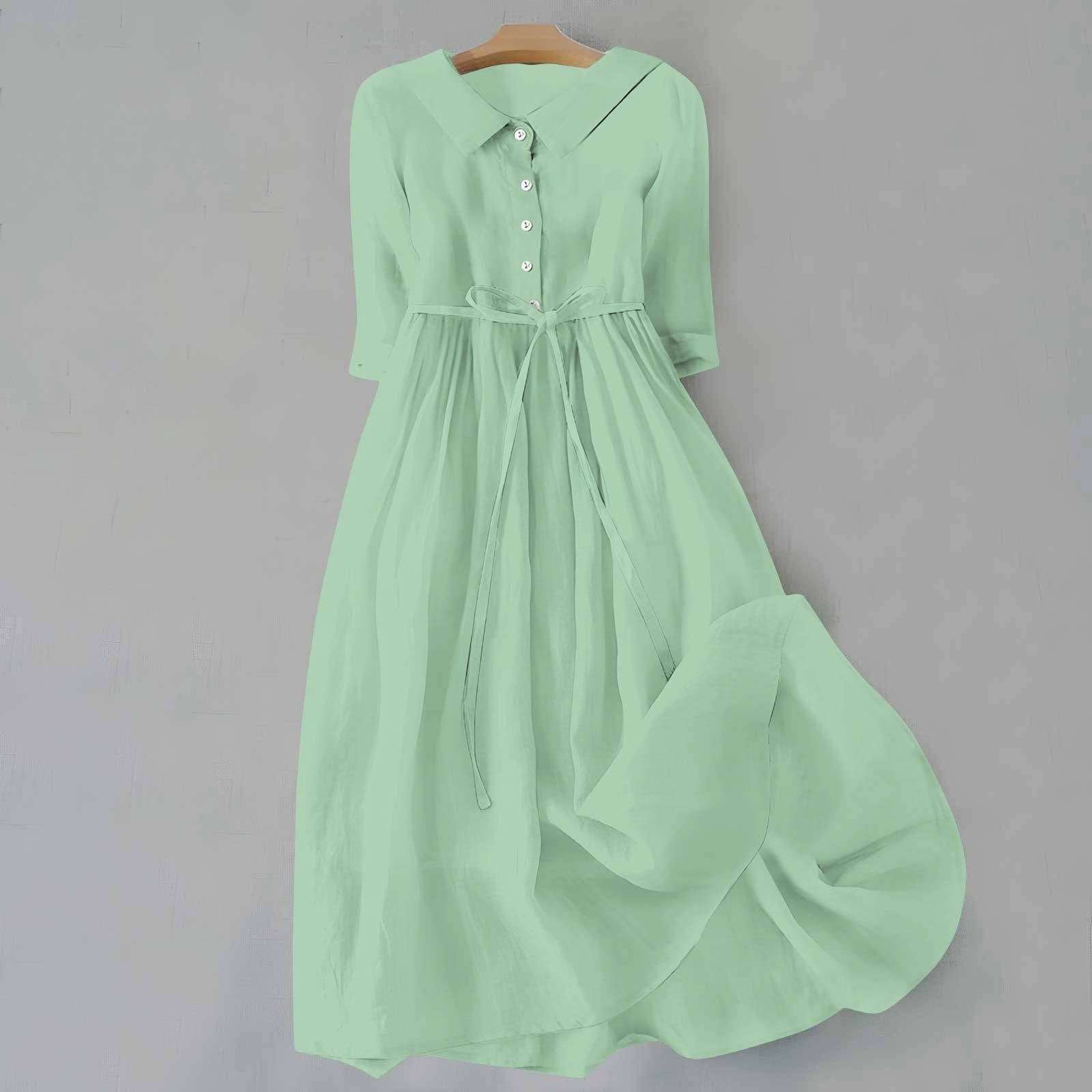 Plus Size Belted Shirt Dress Long Sleeves Casual - Light Green