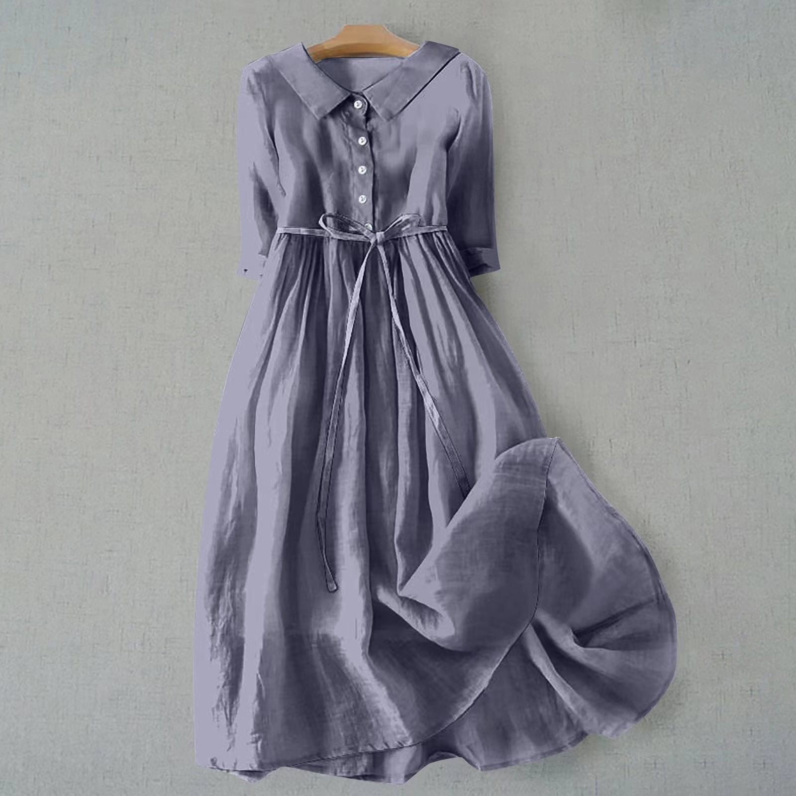 Plus Size Belted Shirt Dress Long Sleeves Casual - Lavender Gray
