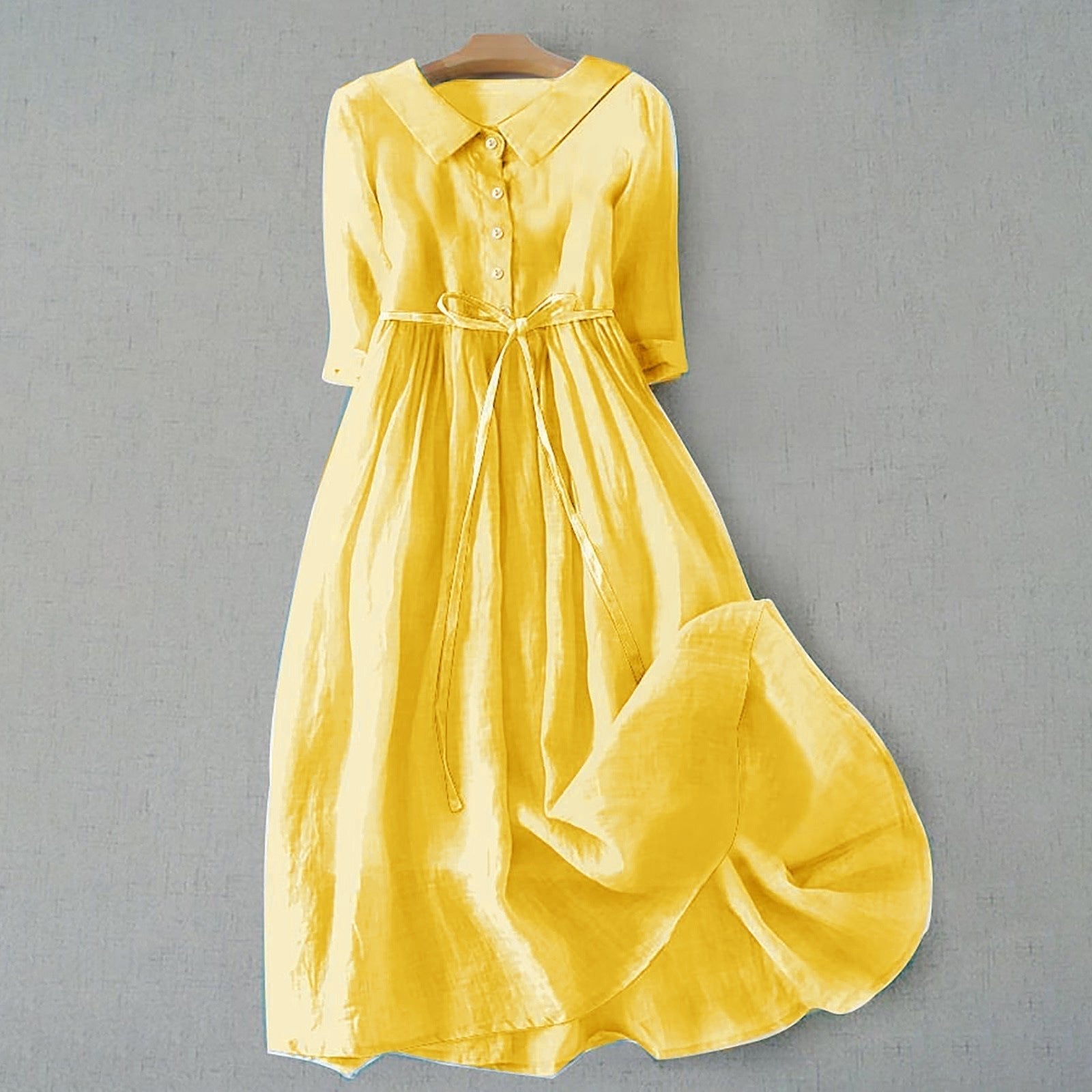 Plus Size Belted Shirt Dress Long Sleeves Casual - Yellow