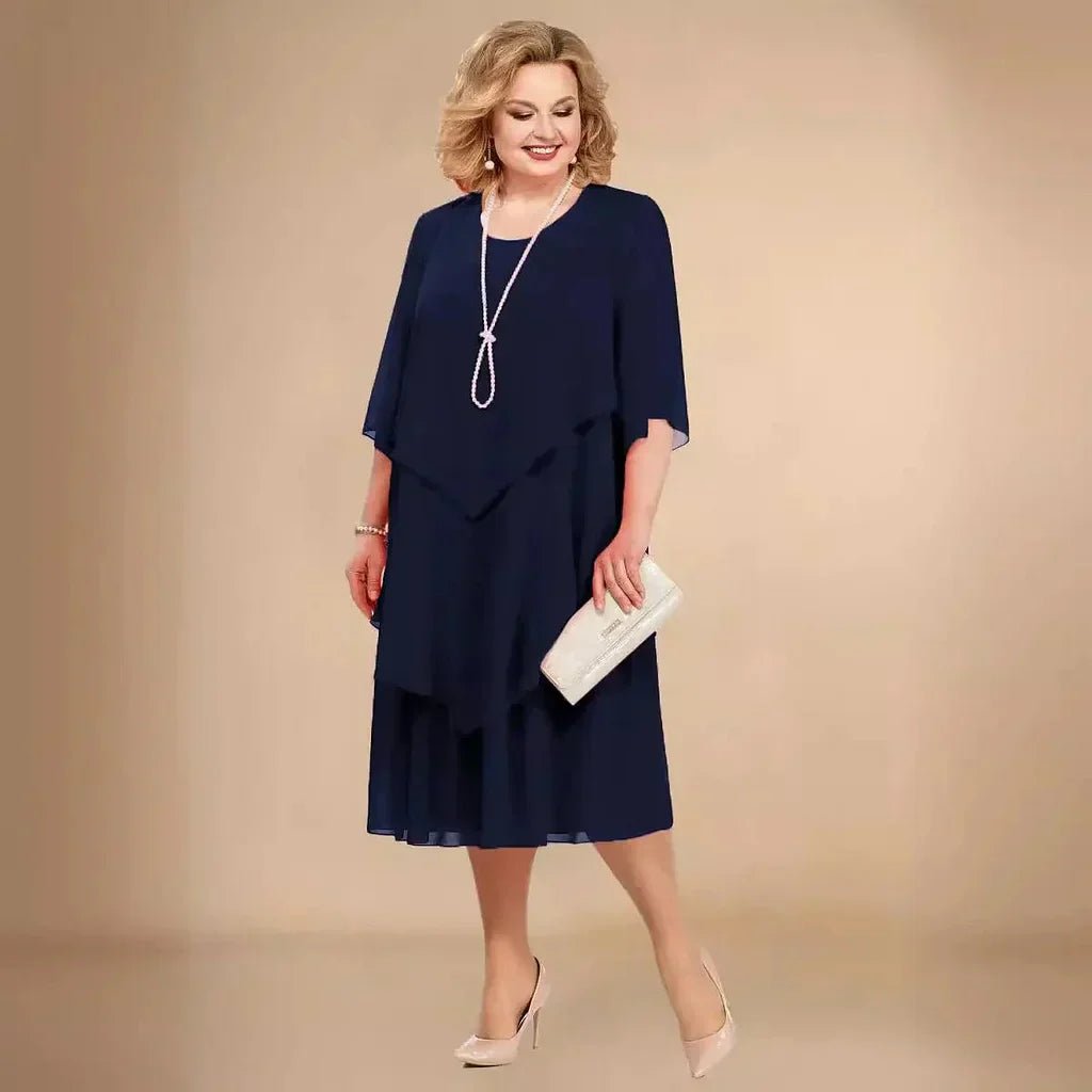 Plus Size Chiffon Dress Layered Asymmetrical Midi - Navy