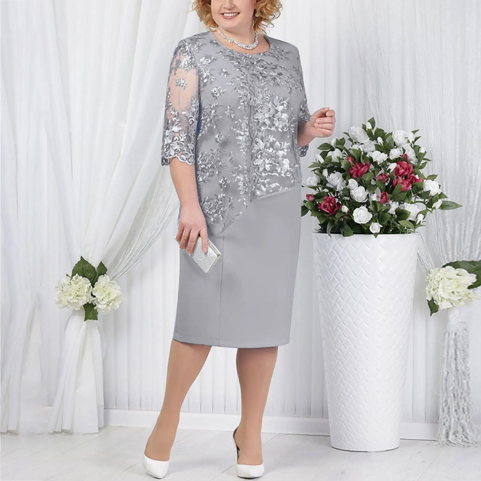 Plus Size Lace Midi Dress Embroidered Formal Occasion - Grey