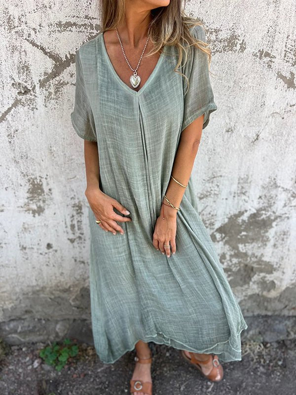 Plus Size Loose V-Neck Maxi Dress Casual - Green